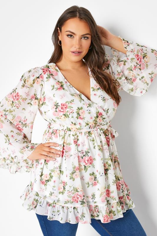 YOURS LONDON Plus Size White Floral Ruffle Wrap Top | Yours Clothing 1