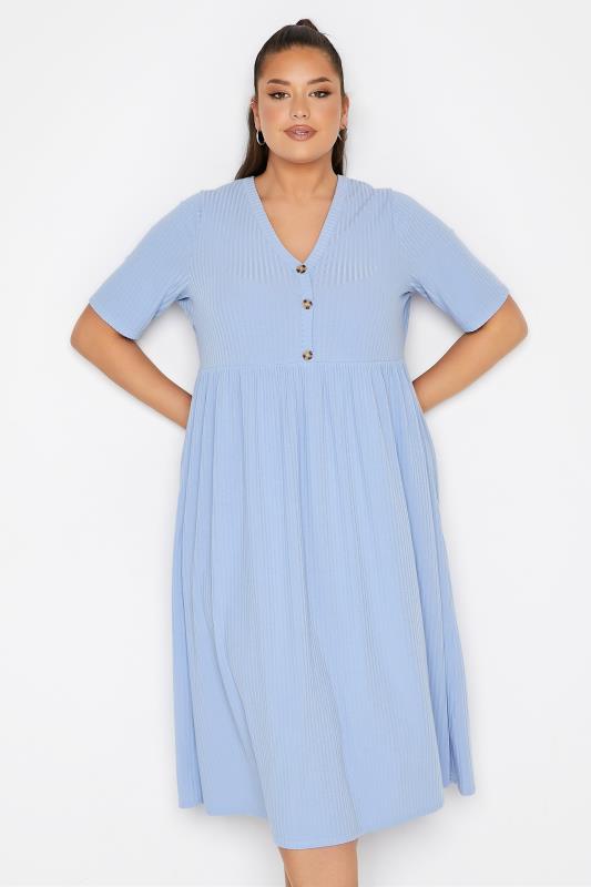 LIMITED COLLECTION Curve Light Blue Ribbed Peplum Midi Dress 4
