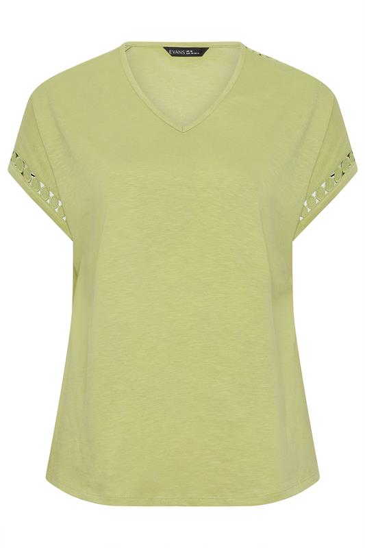 EVANS Plus Size Chartreuse Crochet Trim Cotton V Neck T-Shirt | Evans 5