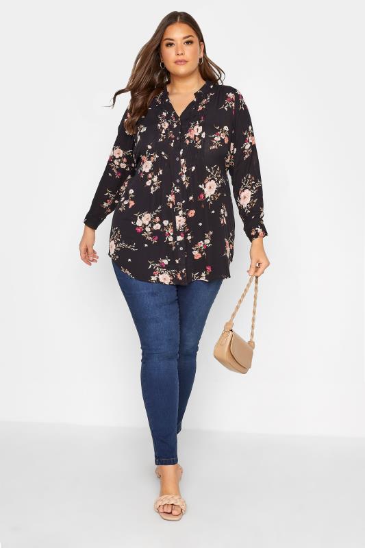 Plus Size Black Floral Pintuck Shirt | Yours Clothing 2
