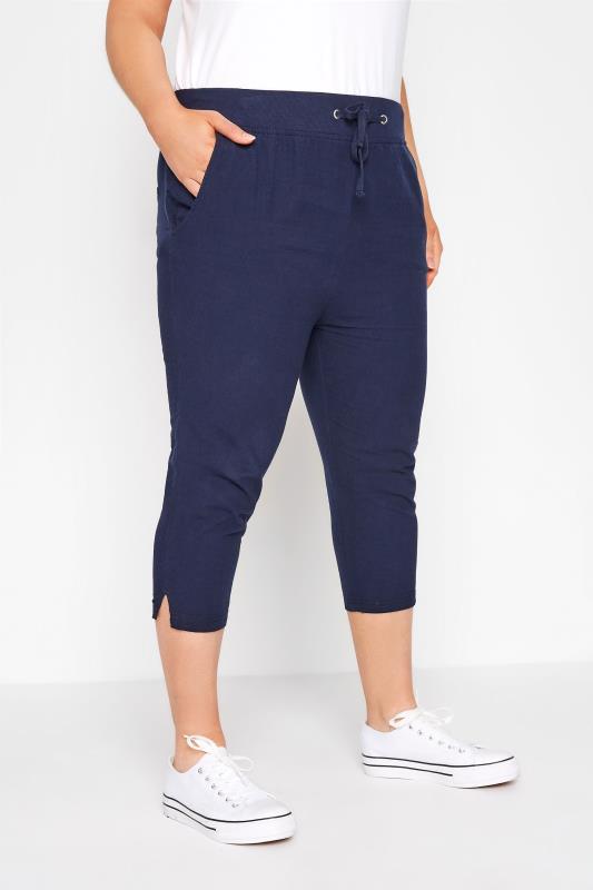  Grande Taille Curve Navy Blue Cool Cotton Cropped Joggers