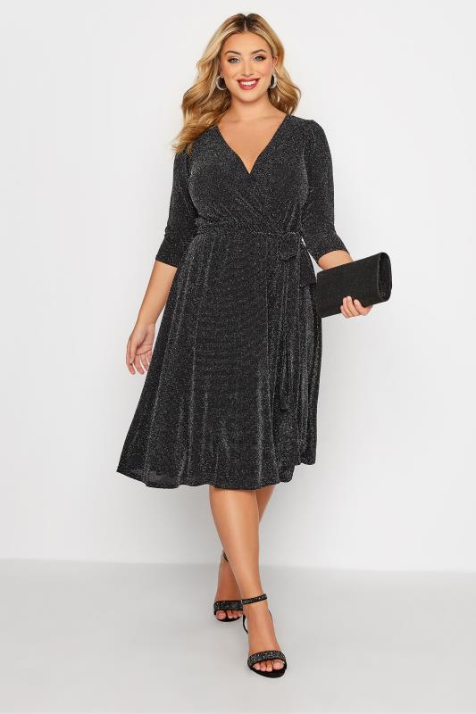 YOURS LONDON Curve Black Glitter Wrap Dress | Yours Clothing 1