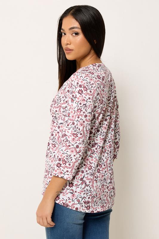 M&Co Petite Pink & White Floral Cotton Henley Top | M&Co 2