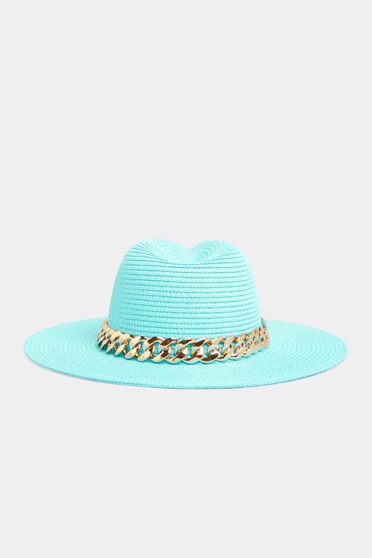 Bright Blue Straw Chain Fedora Hat 3