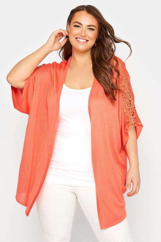 Plus Size  Curve Coral Orange Lace Sleeve Kimono Cardigan
