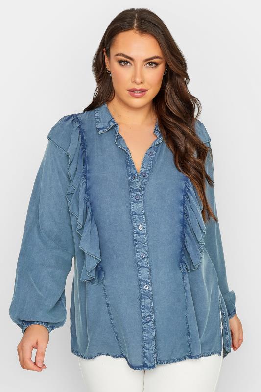 Plus Size LIMITED COLLECTION Blue Frill Chambray Shirt | Yours Clothing 1