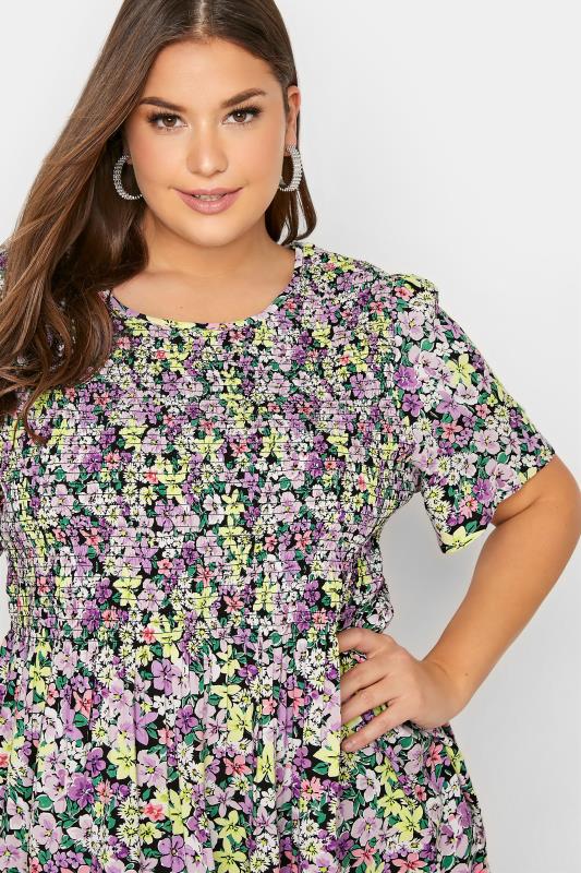 Plus Size Black & Purple Floral Print Shirred Smock Top | Yours Clothing  4