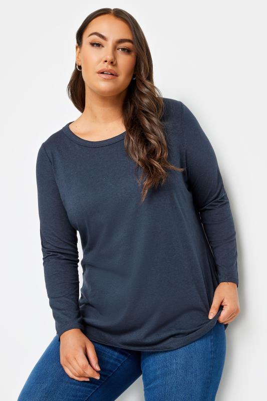 YOURS 3 PACK Plus Size Navy Blue & White Long Sleeve Tops | Yours Clothing 6