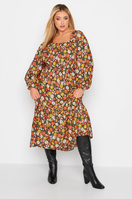 Plus Size Black & Orange Floral Print Balloon Sleeve Midaxi Dress | Yours Clothing 3