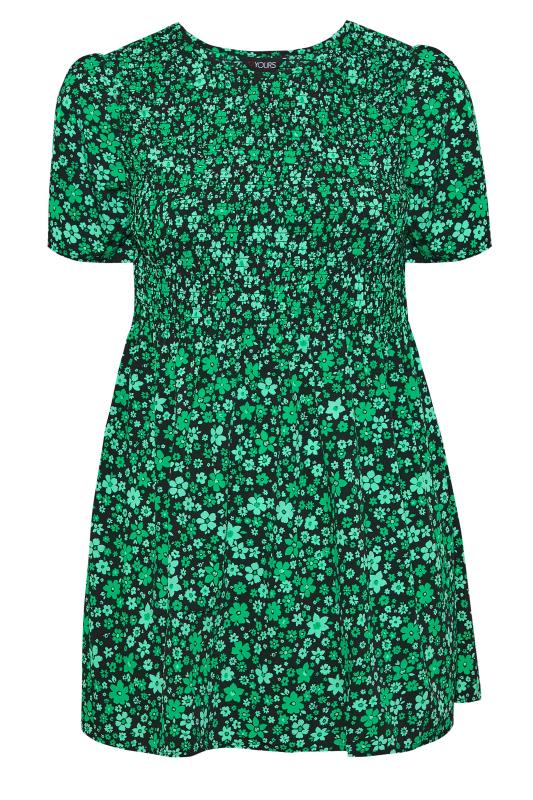 Plus Size Black & Green Ditsy Print Shirred Smock Top | Yours Clothing 6