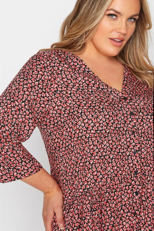 Curve Red Ditsy Print Button Through Peplum Blouse 4