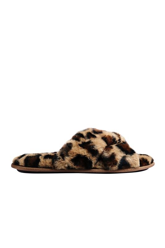 Plus Size Brown Leopard Print Vegan Faux Fur Cross Strap Slippers In Standard D Fit | Yours Clothing 7
