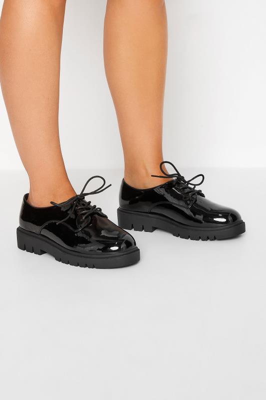 Black Patent Lace Up Loafers In Extra Wide EEE Fit | Yours Clothing 1