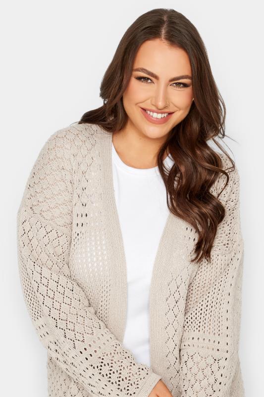 YOURS Plus Size Beige Brown Pointelle Longline Cardigan | Yours Clothing 4
