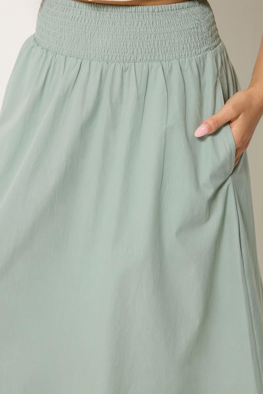 PixieGirl Petite Women's Sage Green Poplin Shirred Cotton Maxi Skirt | PixieGirl 4