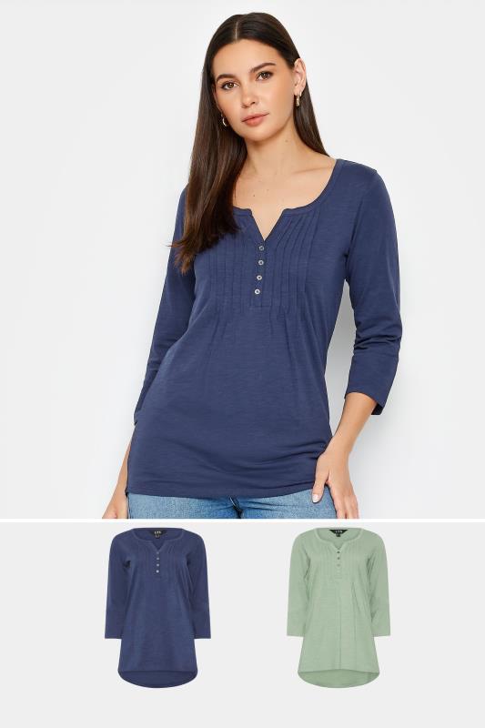  Grande Taille LTS 2 PACK Tall Navy Blue & Sage Green Cotton Henley Tops