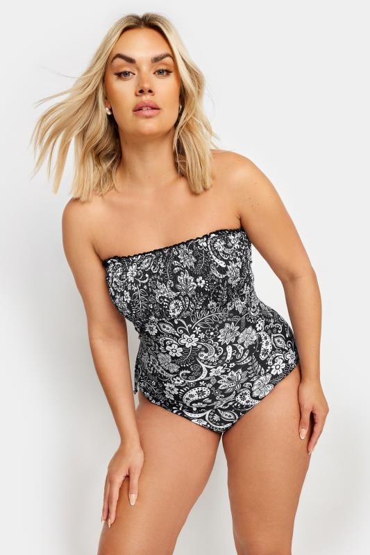 YOURS Plus Size Black Paisley Print Shirred Tummy Control Swimsuit | Yours Clothing 2