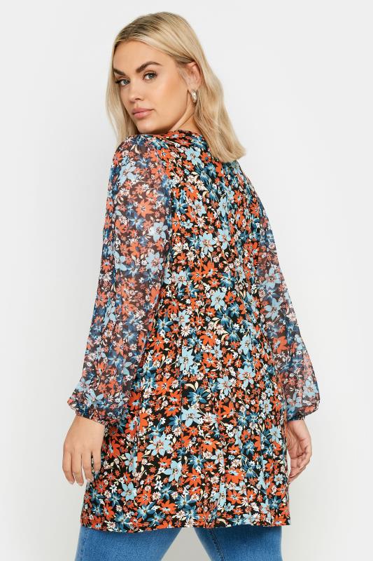 YOURS Plus Size Orange & Blue Floral Mesh Sleeve Blouse | Yours Clothing 3