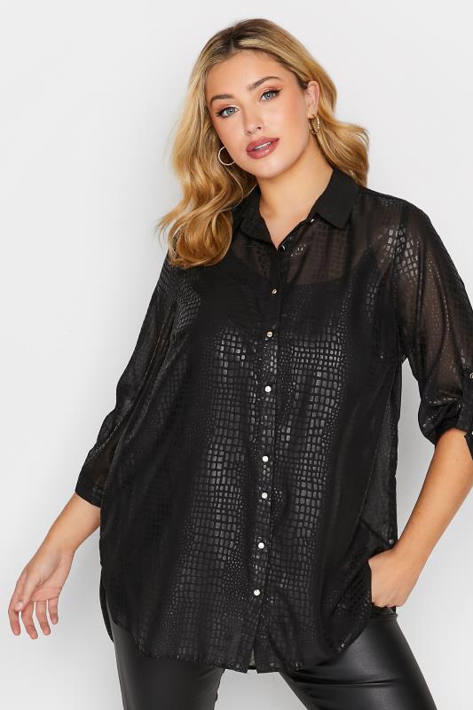 Plus Size Black Printed Shimmer Button Through Shirt | Yours Clothing 1