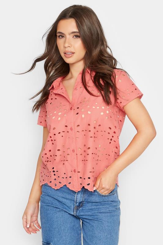 Petite Coral Pink Broderie Short Sleeve Shirt | PixieGirl 1