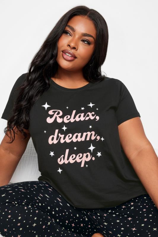 YOURS Plus Size Black 'Relax Dream Sleep' Star Print Pyjama Set | Yours Clothing 5