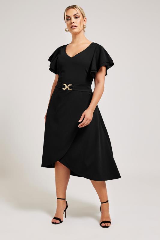 YOURS LONDON Plus Size Black Buckle Dipped Hem Midi Dress | Yours Clothing 2