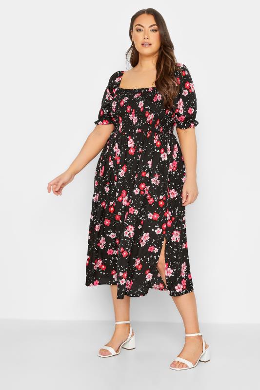 YOURS Plus Size Black Floral Print Shirred Maxi Dress | Yours Clothing 1