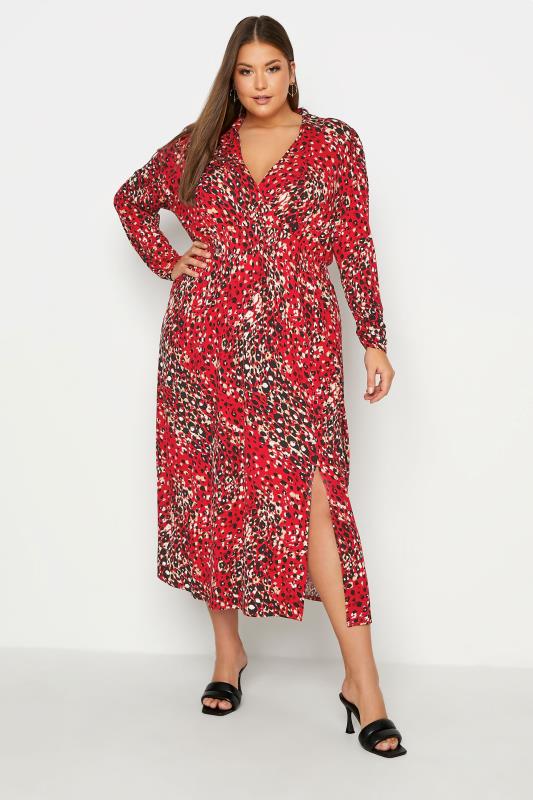  dla puszystych YOURS LONDON Red Leopard Print Wrap Midaxi Dress