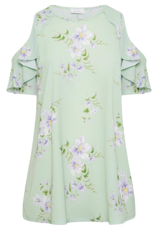 YOURS LONDON Plus Size Green Floral Frill Cold Shoulder Top | Yours Clothing 6