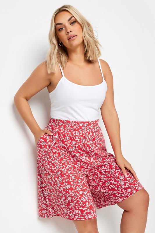 YOURS Plus Size Pink Ditsy Floral Print Pull On Shorts | Yours Clothing 1