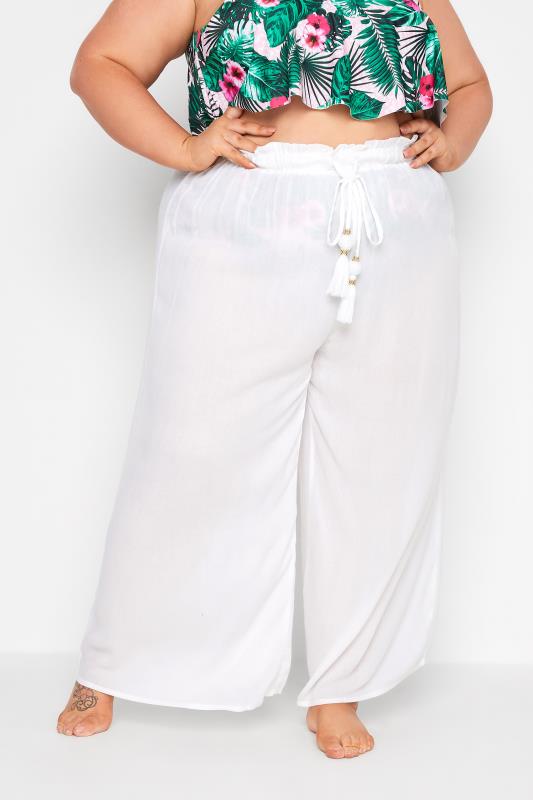 Plus Size White Wide Leg Beach Trousers | Yours Clothing 1