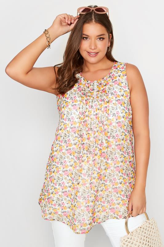 Plus Size White Floral Print Pleat Front Sleeveless Blouse | Yours Clothing  1