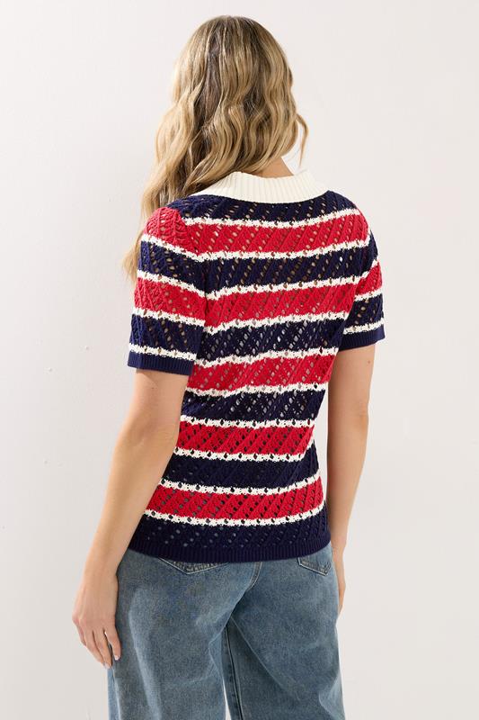 LTS Tall Woman's Blue & Red Crochet Stripe Polo Top | Long Tall Sally 4