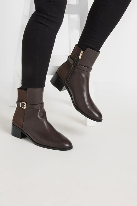  Tallas Grandes LTS Chocolate Brown Block Heel Buckle Ankle Boots In Standard Fit