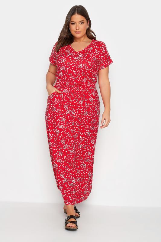 Plus Size  YOURS Curve Red Floral Print Maxi T-Shirt Dress