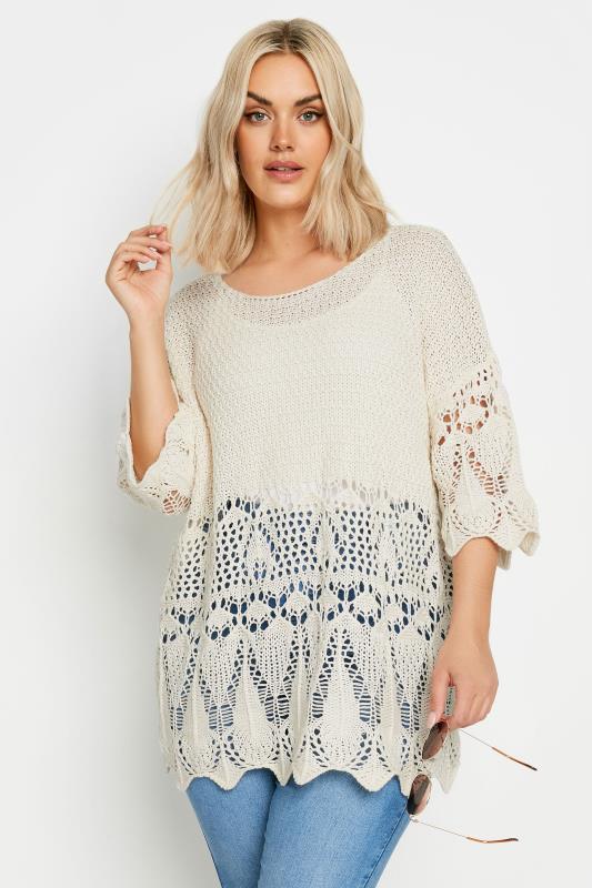 YOURS Plus Size Ivory White Crochet Detail Jumper | Yours Clothing 1