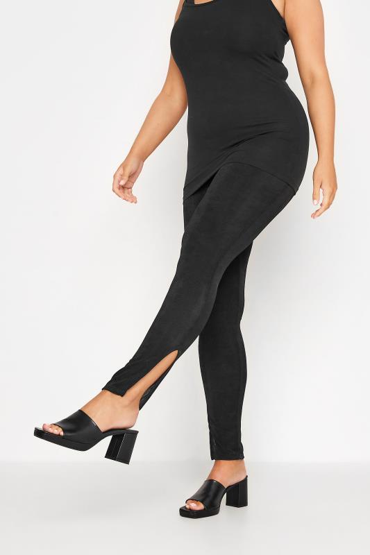 Plus Size Black Slinky Split Hem Leggings | Yours Clothing 1