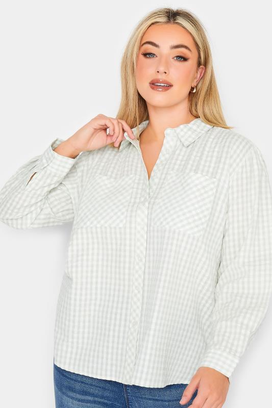 YOURS PETITE Plus Size Sage Green Gingham Pocket Shirt | Yours Clothing 1