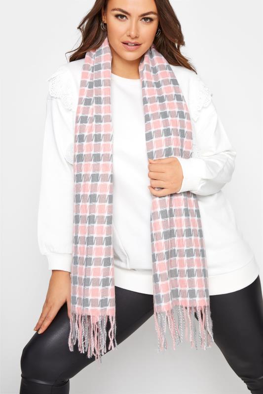 Plus Size  Pink Square Check Tassel Scarf