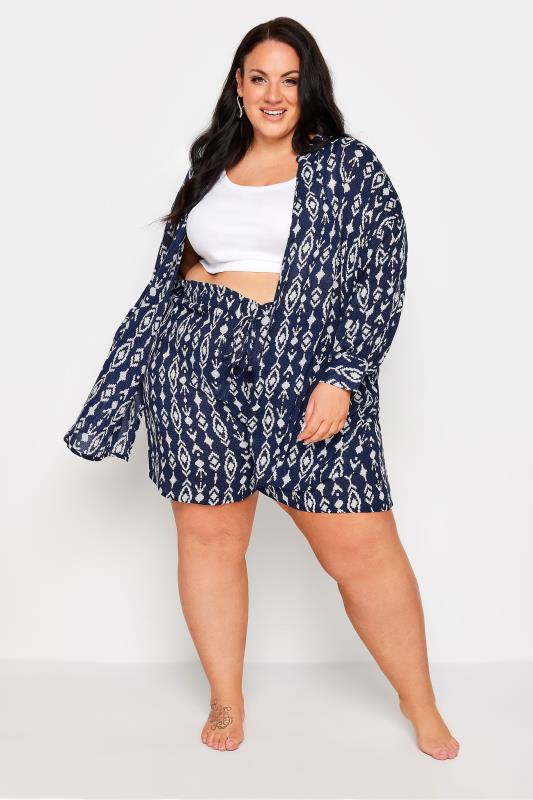 YOURS Plus Size Navy Blue Ikat Print Crinkle Tassel Shorts | Yours Clothing 2