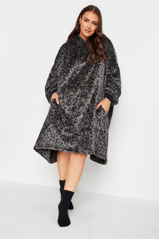YOURS Plus Size Dark Grey Soft Touch Heart Print Snuggle Hoodie | Yours Clothing 2