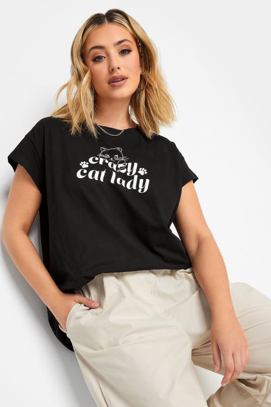 LIMITED COLLECTION Plus Size Black 'Crazy Cat Lady' Slogan T-Shirt | Yours Clothing 1