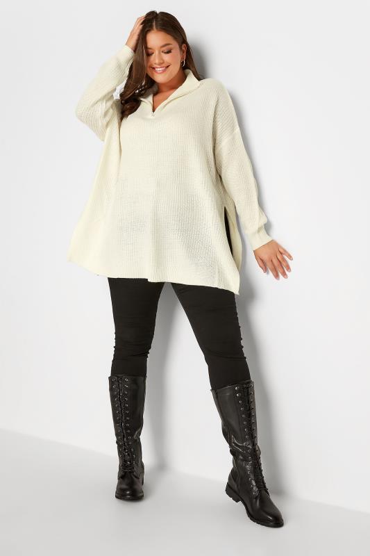 Plus Size Curve Cream Quarter Zip Knitted Jumper | Yours Clothing 2