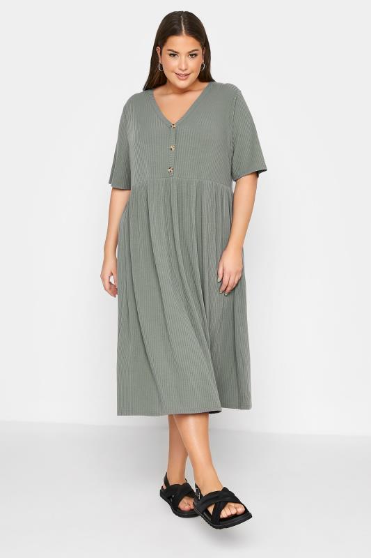 LIMITED COLLECTION Curve Sage Green Ribbed Peplum Midi Dress_A.jpg
