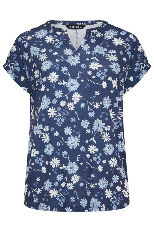 YOURS Curve Plus Size Navy Blue Floral V-Neck T-Shirt | Yours Clothing  6