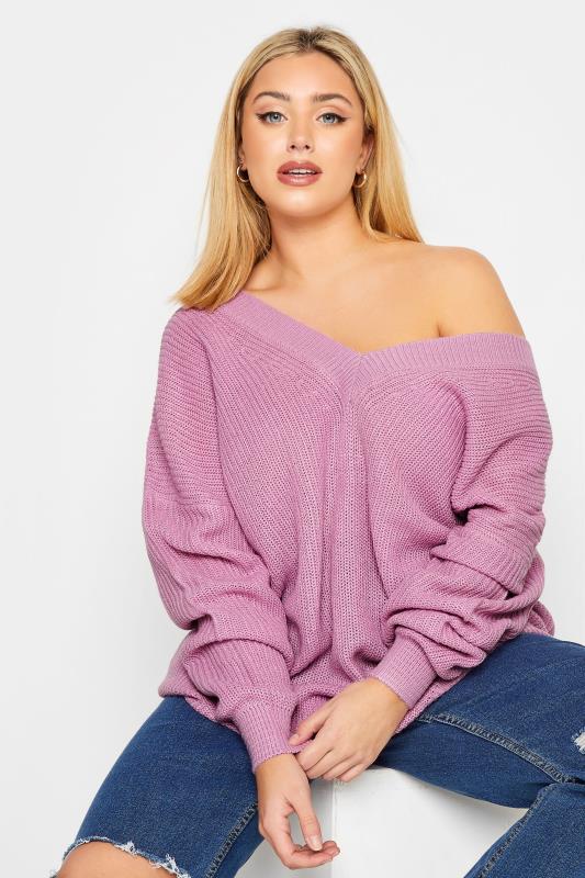 YOURS Plus Size Lilac Purple Double V-Neck Jumper | Yours Clothing 1
