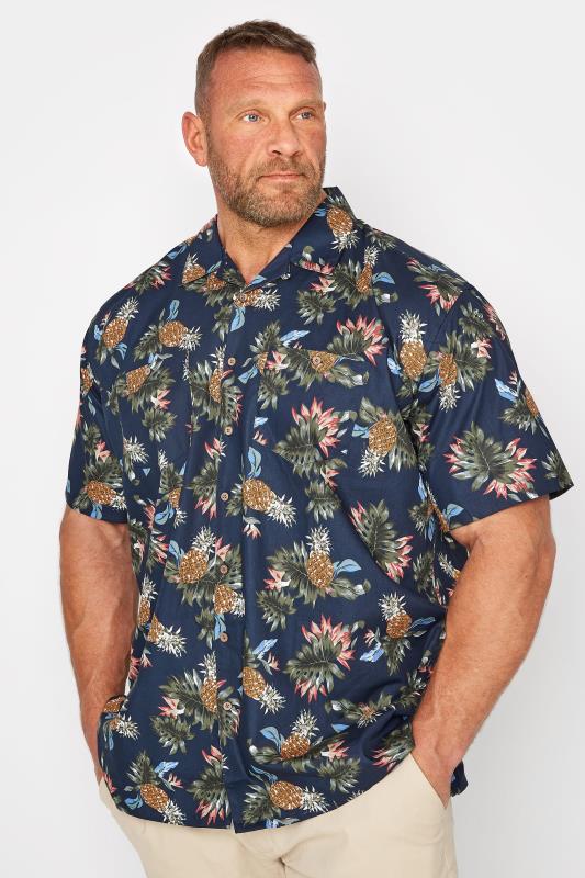 Plus Size  ESPIONAGE Big & Tall Navy Blue Pineapple Print Shirt