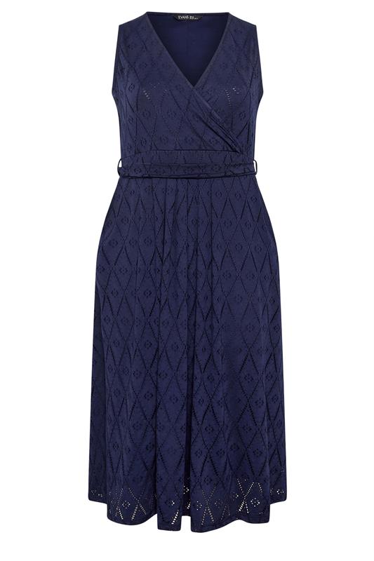 EVANS Plus Size Navy Blue Broderie Wrap Midi Dress | Evans 5