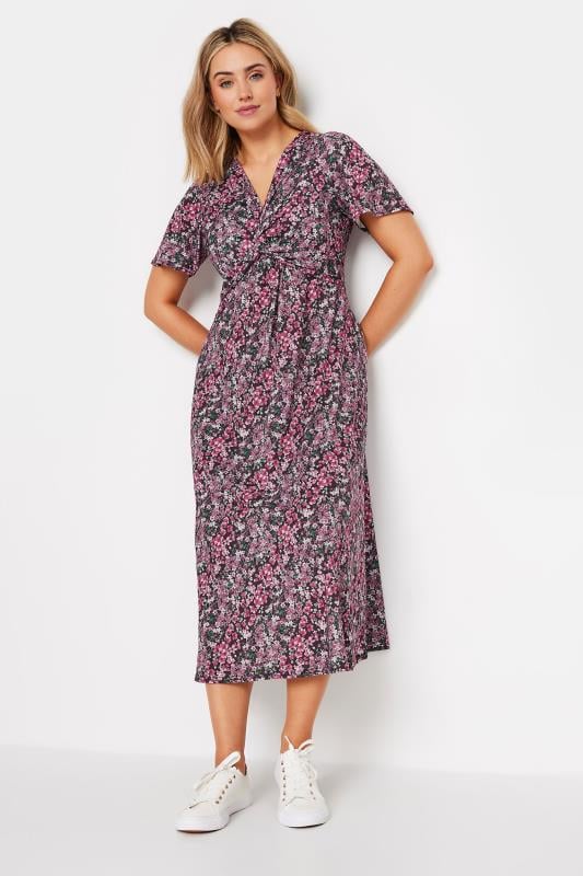 M&Co Pink Floral Print Twist Front Short Sleeve Dress | M&Co 3