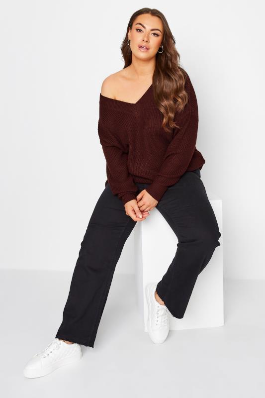 Curve Burgundy Red V-Neck Knitted Jumper | Yours Clothing 2